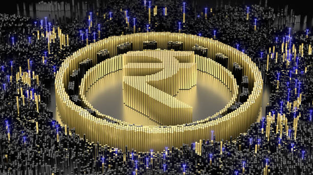 istock Indian rupee symbol in an abstract microstructure of black and gold blocks. 3d rendering image. Futuristic concept art. 1408773186