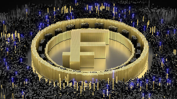 Franc symbol in an abstract microstructure of black and gold blocks. 3d rendering image. Futuristic concept art.