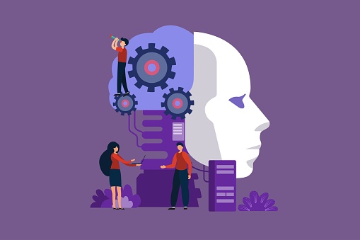 The concept of using the human mind as a gear spinning in the brain, a solution to a problem, creativity. brainstorming of people in the organization to achieve success. Flat illustration.