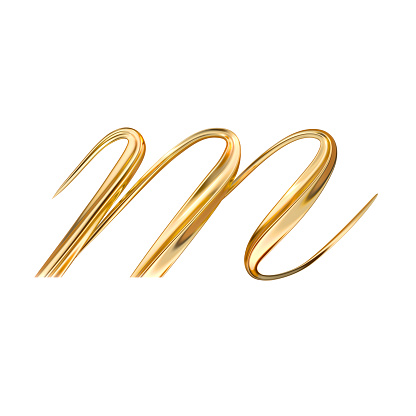 Gold Lowercase Letter m on white background from a gorgeous set of handwritten 3D alphabet. You can make any words from these letters. The sizes of each letter in pixels correspond to each other.