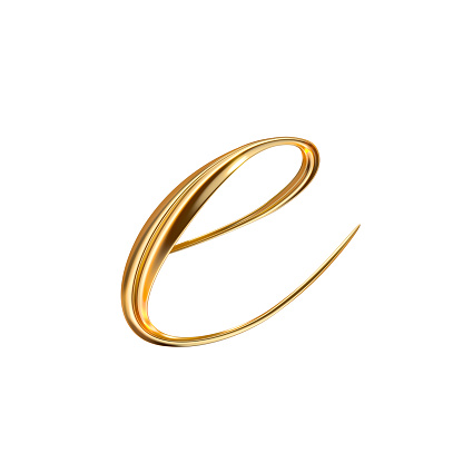 Gold Lowercase Letter e on white background from a gorgeous set of handwritten 3D alphabet. You can make any words from these letters. The sizes of each letter in pixels correspond to each other.