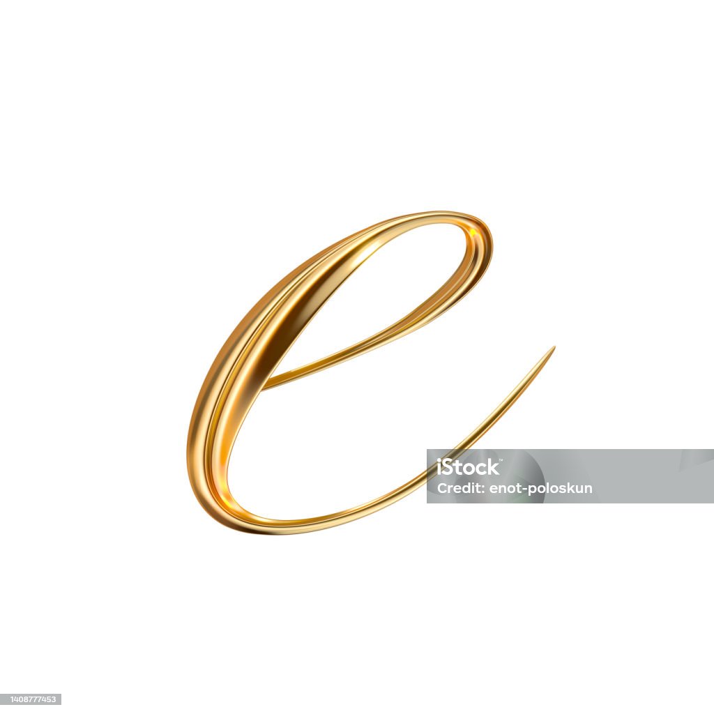 Gold letter e Gold Lowercase Letter e on white background from a gorgeous set of handwritten 3D alphabet. You can make any words from these letters. The sizes of each letter in pixels correspond to each other. Letter E Stock Photo