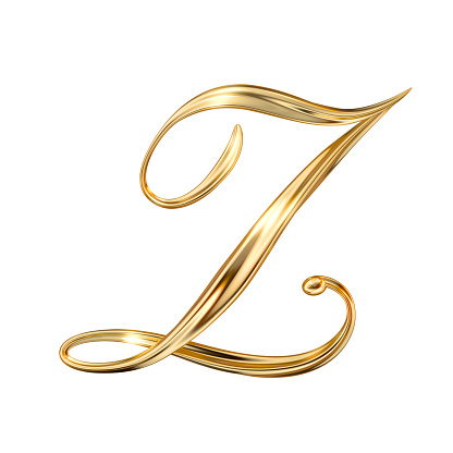 Gold Capital Letter Z on white background from a gorgeous set of handwritten 3D alphabet. You can make any words from these letters. The sizes of each letter in pixels correspond to each other.