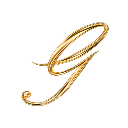 Gold Capital Letter G on white background from a gorgeous set of handwritten 3D alphabet. You can make any words from these letters. The sizes of each letter in pixels correspond to each other.