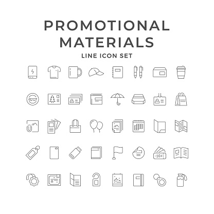 Set line icons of promotional materials isolated on white. Corporate identity, t-shirt, badge, postcard, wobbler, tag, calendar, leaflet, brochure, certificate, smartphone case. Vector illustration