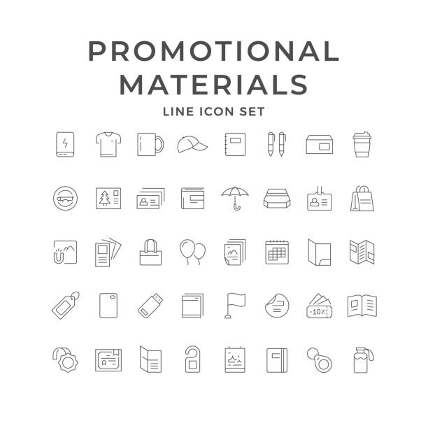 Set line icons of promotional materials Set line icons of promotional materials isolated on white. Corporate identity, t-shirt, badge, postcard, wobbler, tag, calendar, leaflet, brochure, certificate, smartphone case. Vector illustration printout stock illustrations