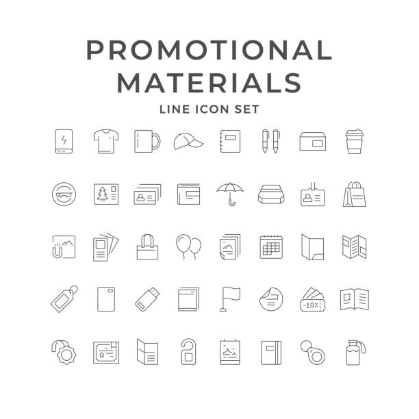 Set line icons of promotional materials Set line icons of promotional materials isolated on white. Corporate identity, t-shirt, badge, postcard, wobbler, tag, calendar, leaflet, brochure, certificate, smartphone case. Vector illustration branding identity business merchandise stock illustrations