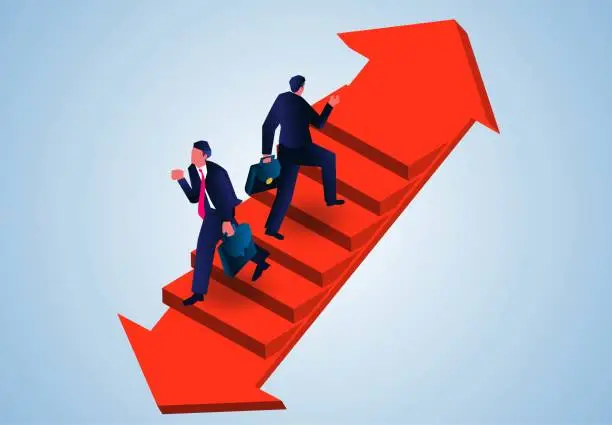 Vector illustration of Different choices and developments, one businessman chooses up arrow stair to go forward, another businessman chooses down arrow stair to go forward, up and down
