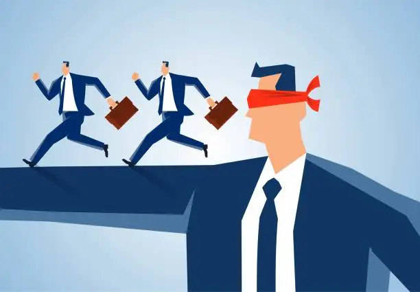 Vector illustration of Stupid and arrogant manager or boss blindfolded giving directions to small businessman, wrong direction and idea