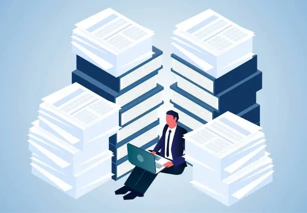 Vector illustration of Isometric a businessman sitting inside a pile of documents busy work, heavy and a lot of work stress, office work with paperwork
