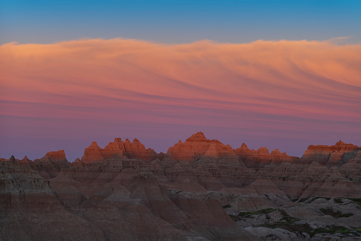 A view of a sunset along the Door Trail at Badlands National Park in South Dakota.