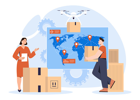 Global logistics concept. Man and woman in warehouse determine delivery addresses for parcels. Online shopping and home delivery. Employees build route for courier. Cartoon flat vector illustration