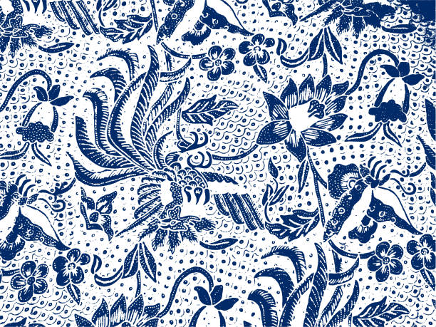 블루 플로럴 바틱 패턴 - batik pattern abstract decoration stock illustrations