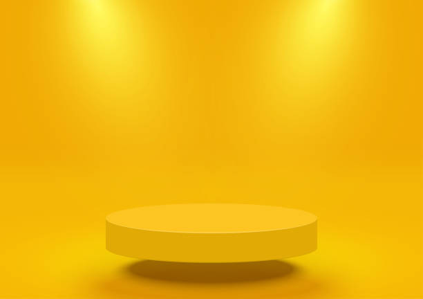 製品ディスプレイ用の空の黄色の円の台座、スポットライト付きの販売製品、黄色の背景に隔離されたデザインフロート。ベクターイラストレーション。 - 黄色の背景点のイラスト素材／クリップアート素材／マンガ素材／アイコン素材