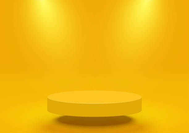 istock Empty yellow circle pedestal for product displays, sale product with spotlights, design float isolated on yellow background. Vector illustration. 1408794249
