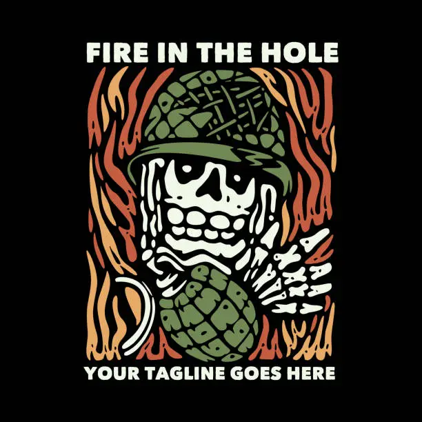 Vector illustration of t shirt design fire in the hole with skull throwing grenade and black background vintage illustration