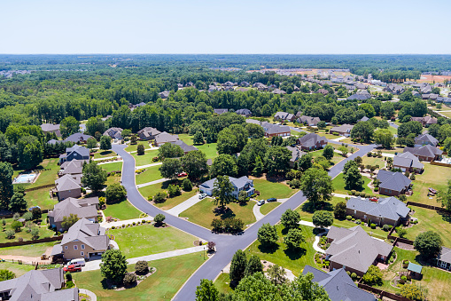 Top view of sleeping area in street a small town of from above aerial view in Boiling Springs South Carolina US