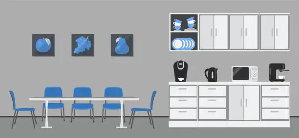 Vector illustration of Office kitchen. Dining room in office. Break room