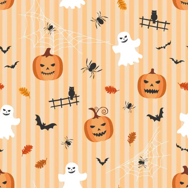 Vector illustration of Halloween theme seamless pattern on orange background