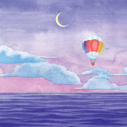 istock Watercolor Hot Air Balloon and Night Sea Background 1408797942