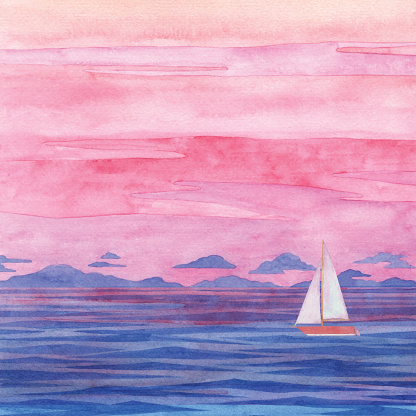 Watercolor Sunset Sea and A Boat