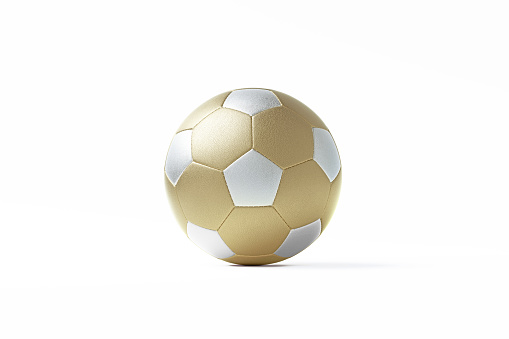 Gold and silver colored soccer ball sitting on white background. Horizontal composition with copy space. Clipping path is included.