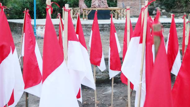 istock Indonesian red and white flag flying at the pole 1408801729