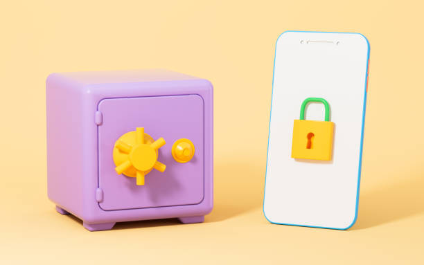 istock Safe box and mobile phone on the yellow background, 3d rendering. 1408802622