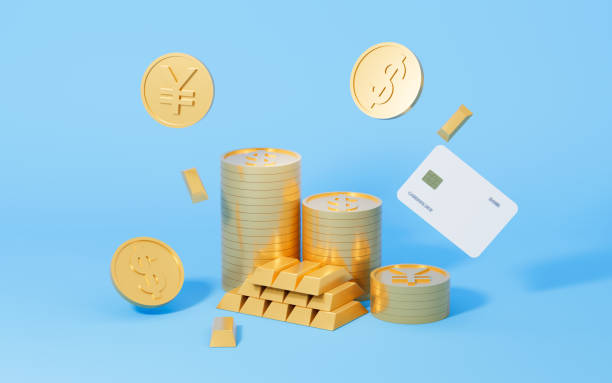 istock Gold coins and bank card on the blue background, 3d rendering. 1408802629