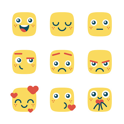 Vector illustration of a set of nine essential emoticons. Cut out design elements on a transparent background on the vector file. Colors are global for easier editing.