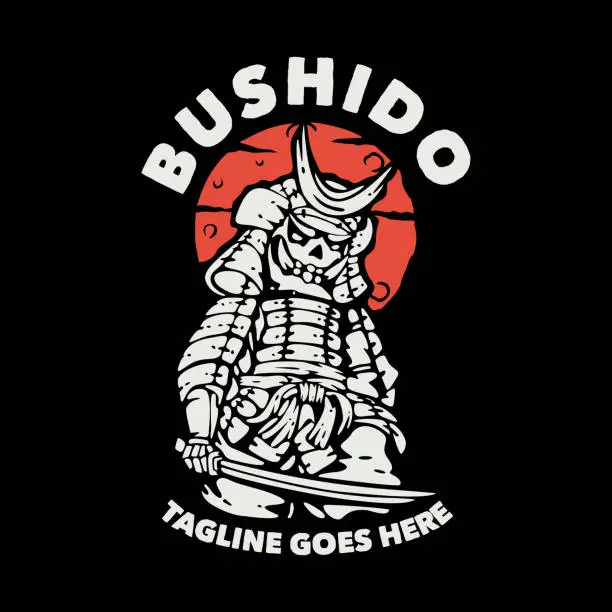 Vector illustration of t shirt design bushido with samurai holding katana with black background vintage illustration