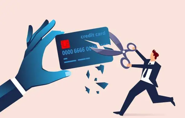 Vector illustration of Businessman holding scissors and cutting credit card in hand, business concept illustration