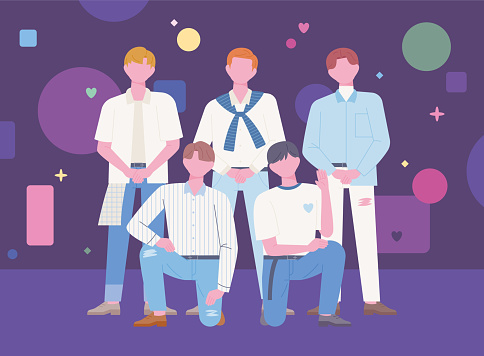 Korean K-pop boy groups are standing on stage in an ending pose. flat design style vector illustration.