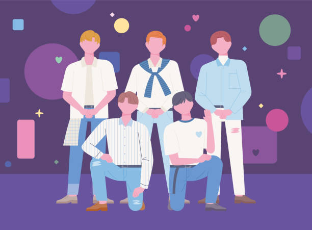 K pop boy band idol Korean K-pop boy groups are standing on stage in an ending pose. flat design style vector illustration. k pop stock illustrations