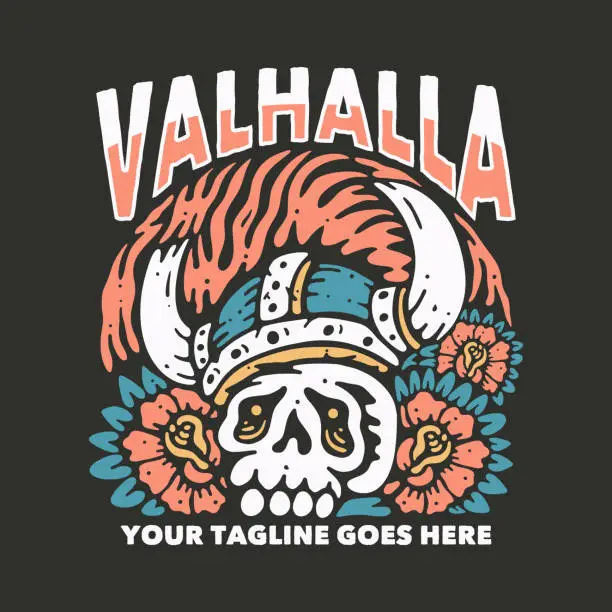 Vector illustration of t shirt design valhalla with skull viking head and gray background vintage illustration