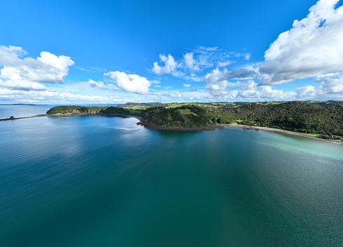 Wide angle aerial coastline view in Auckland, New Zealand