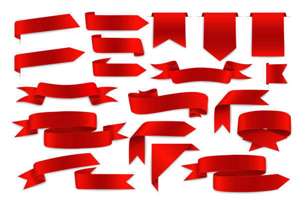 흰색 배경의 디자인 요소의 빨간색 리본 세트 - pennant flag blank sign stock illustrations