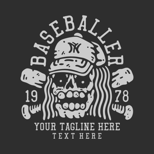 t-shirt design baseballer 1978 mit totenkopf trägt baseballmütze mit grauem hintergrund vintage illustration - skull baseball ball stock-grafiken, -clipart, -cartoons und -symbole