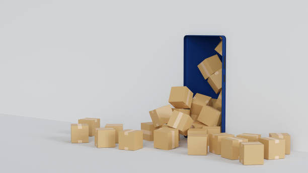 desbordamiento de paquetes de cajas de cartón desde la pantalla del teléfono inteligente, concepto de entrega en línea, renderizado 3d. - desbordar fotografías e imágenes de stock