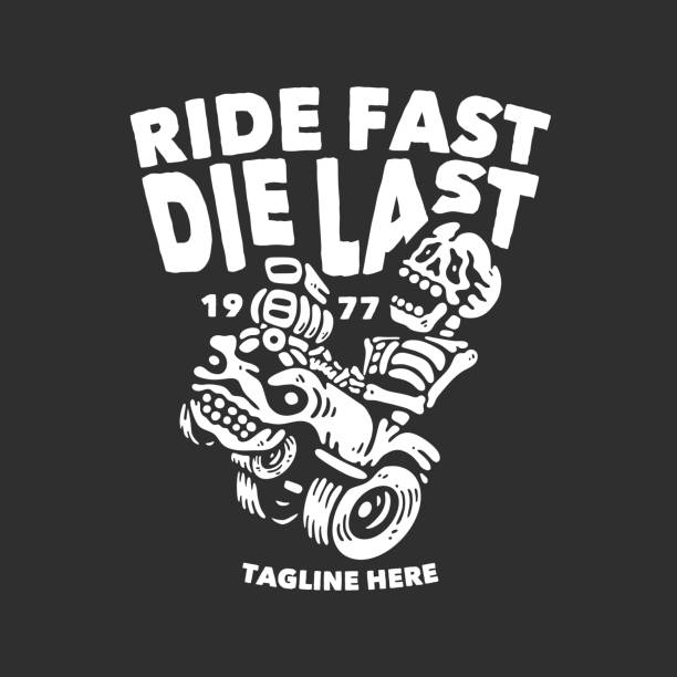 bildbanksillustrationer, clip art samt tecknat material och ikoner med t shirt design ride fast die last with skeleton driving a car with gray background vintage illustration - ombyggd bil illustrationer