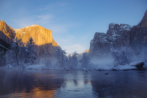 Winter Yosemite view at golden hours.
