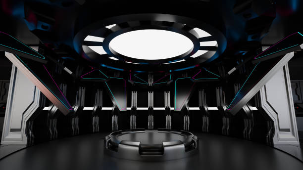 istock Podium in spaceship or space station interior, Sci Fi tunnel, stage for product presentation, 3D rendering. 1408815364