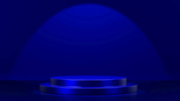 istock Dark blue cylinder podium display, forms minimal scene, stage for product, 3D rendering. 1408815386