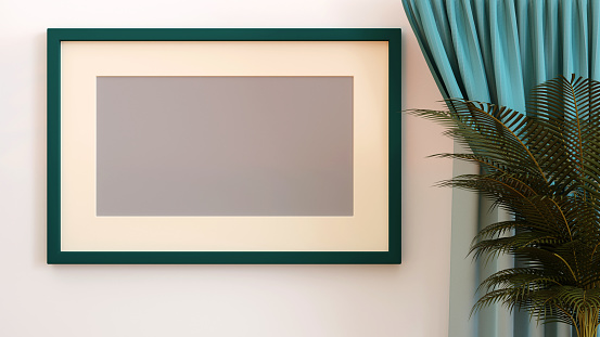 Empty picture frame on the wall in living room, 3D rendering.
