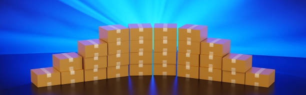 istock Stack of cardboard box carton or parcel. concept of delivering goods, Template Horizontal Banner header for Website, 3D rendering. 1408815420