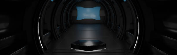 istock Pentagon podium in spaceship or space station interior Sci Fi tunnel, Banner header for Website,  3D rendering. 1408815421