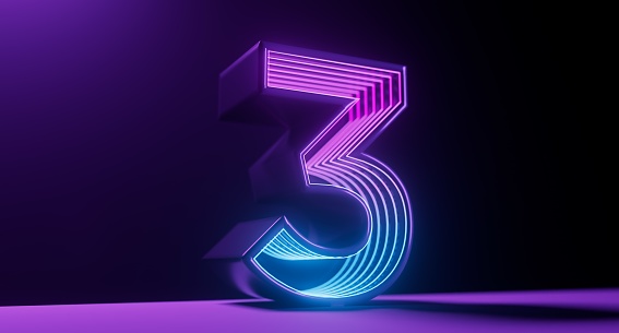 3d render, number three, digital symbol, pink blue gradient neon light glowing in the dark