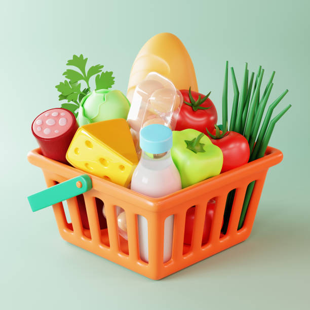 3D rendering of shopping basket with groceries.
