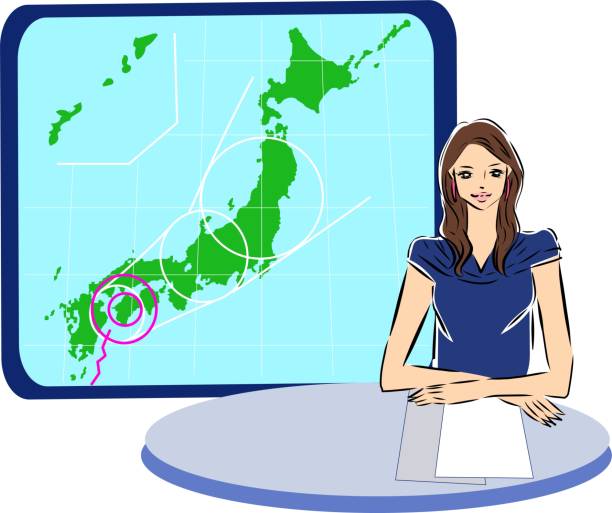 ilustrações, clipart, desenhos animados e ícones de mulher contando a previsão do tempo - apresentador do noticiário