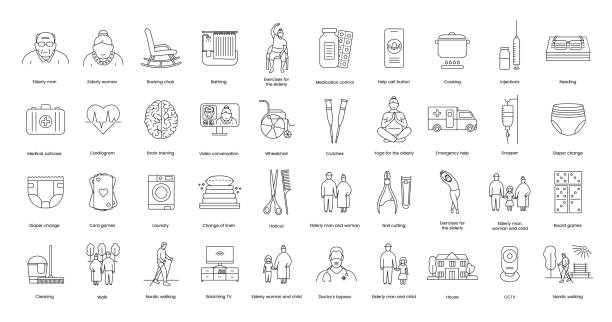 A set of linear icons nursing home, with care for the elderly, control of medication intake, medical care, physical health, organization of leisure. A set of linear icons nursing home, with care for the elderly, control of medication intake, medical care, physical health, organization of leisure rocker nails stock illustrations